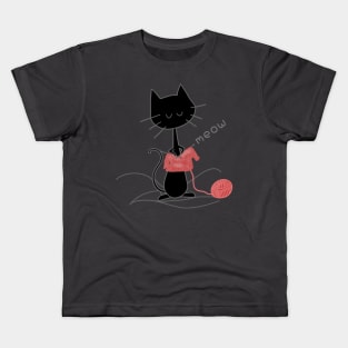 Black Knitting Cat - Asphalt Kids T-Shirt